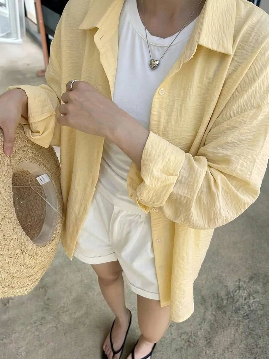 SHEIN DAZY قميص نسائي بأكمام طويلة منسدلة وأزرار أمامية بلون أحادي