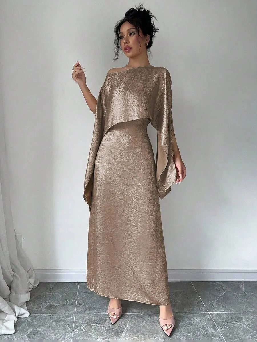 SHEIN Elenzga فستان ذهبي طويل مائل للأسيمتري
