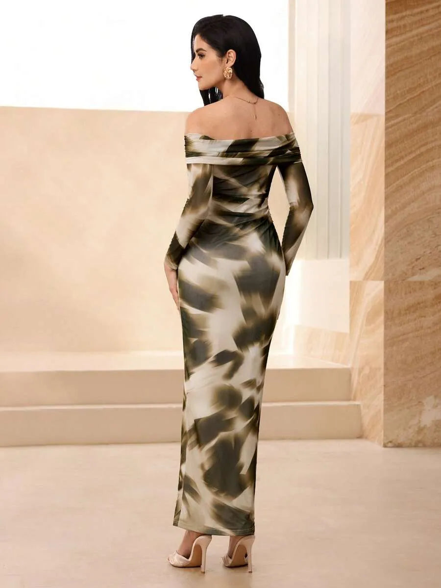 SHEIN Modelyn فستان طويل ضيق مكشوف الكتفين بأكمام طويلة وخصر ملتوي بتصميم غير متماثل ومتعدد الألوان