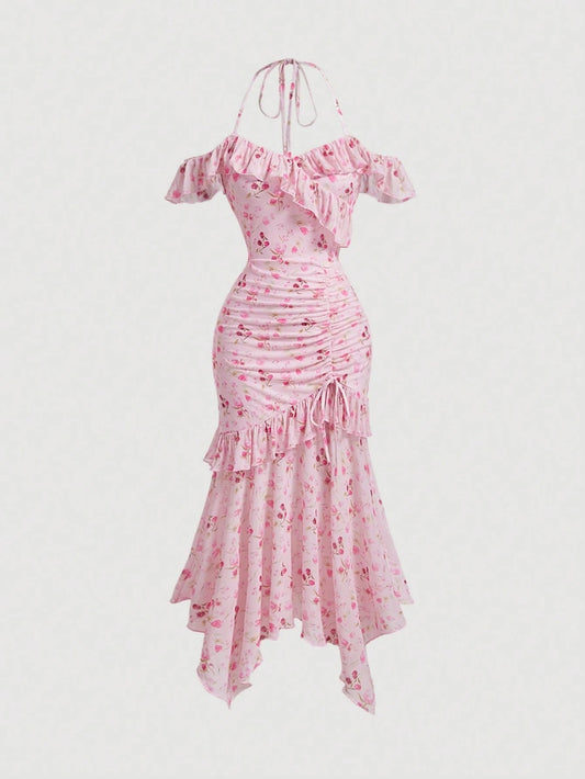 SHEIN MOD فستان طويل وردي مزخرف بالزهور للصيف