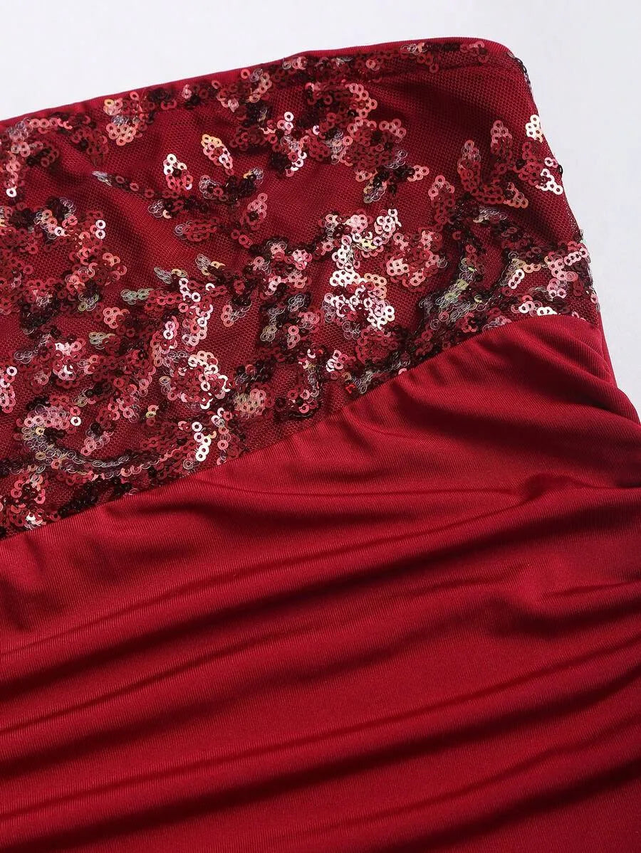 SHEIN Sweetra فستان ترتر أحمر بقصة ضيقة وخصر مطوي أنيق
