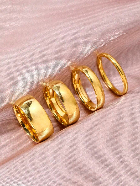 SHEIN طقم 4 خواتم ستانلس ستيل مطليين ذهب