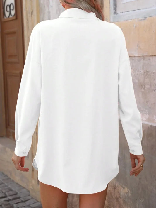 SHEIN Louniche قميص كاجوال بلون واحد بأكمام طويلة وأزرار أمامية