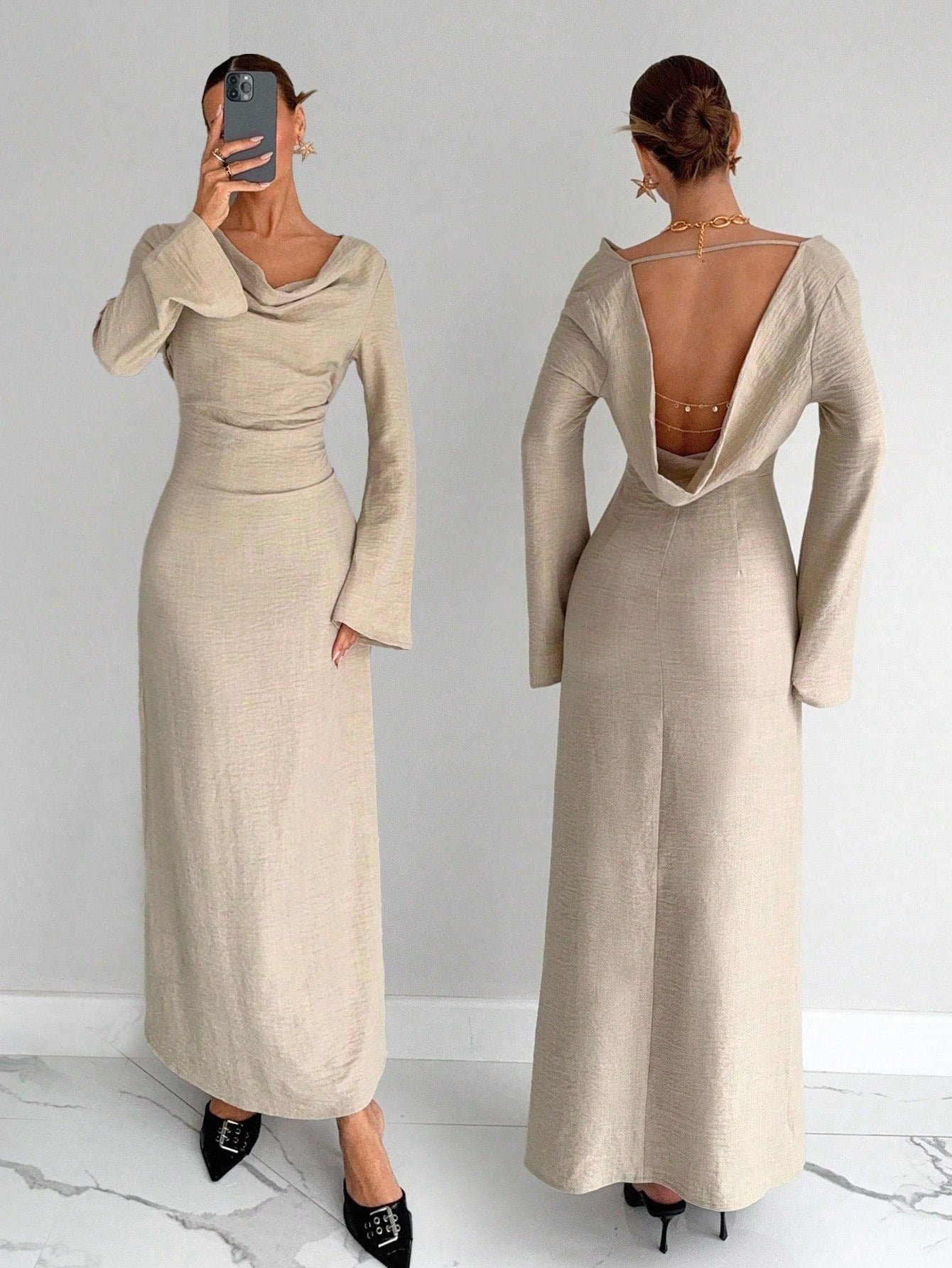 SHEIN Siren Gaze فستان مطوي مجعد الخصر بدون ظهر بلون مشمشي