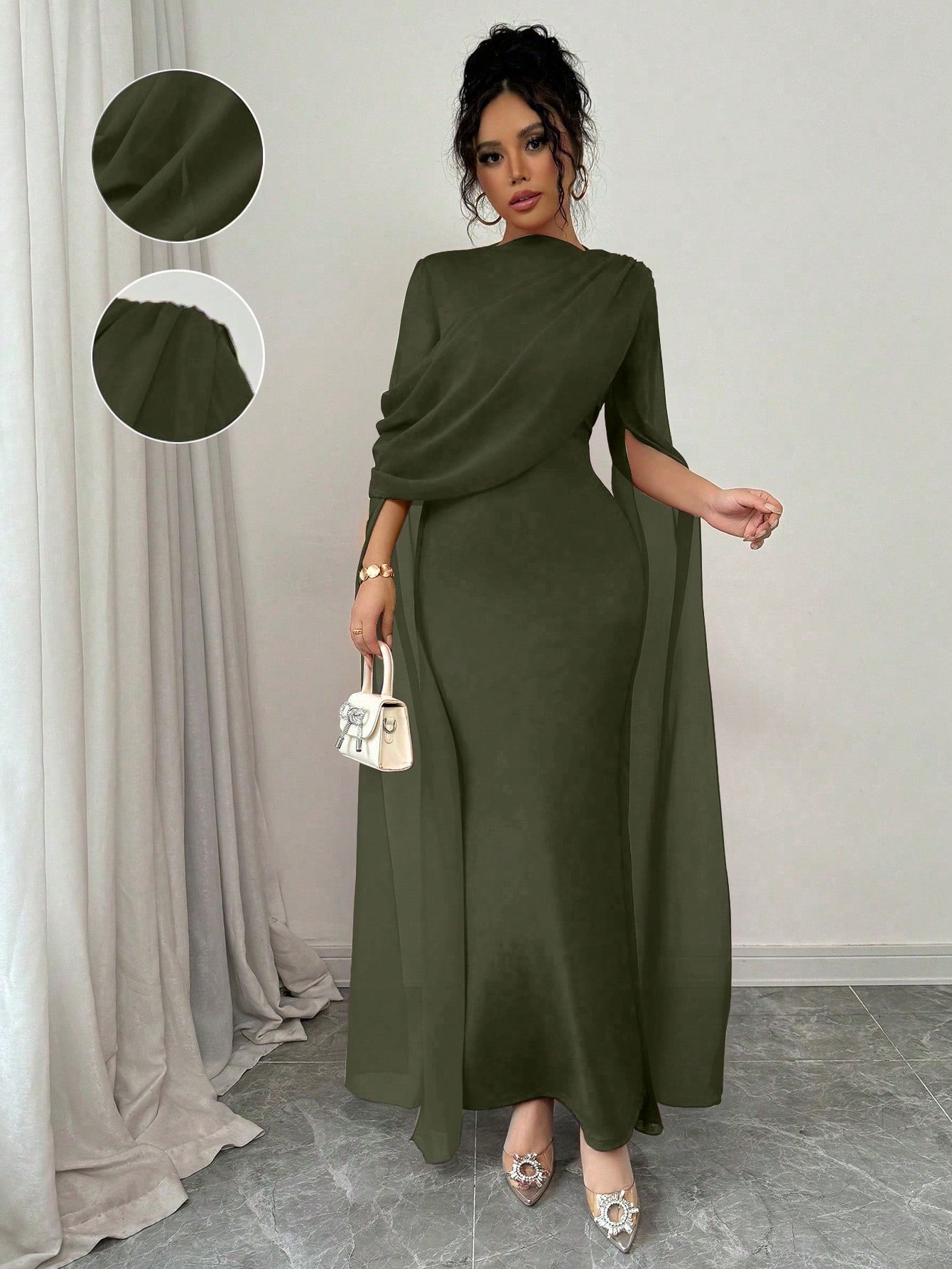 SHEIN Rafferiza Petite فستان أحمر بخصر مجمع وكتف مائل
