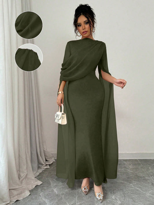 SHEIN Rafferiza Petite فستان أخضر بخصر مجمع وكتف مائل