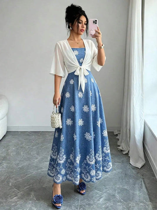 SHEIN طقم فستان شيفون مزهر مع جاكيت قطعتين