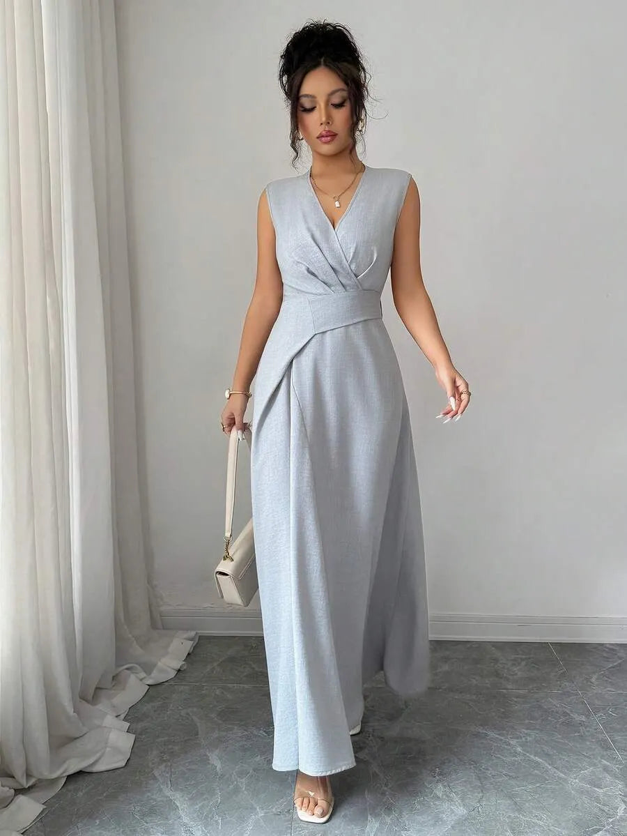 SHEIN Selianne فستان طويل بخصر مشدود منسوج أزرق رمادي