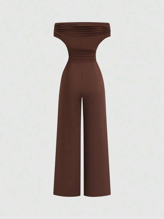 SHEIN Sweetra جمبسوت مكشوف الكتف بفيونكة وخصر مرتفع بطيات