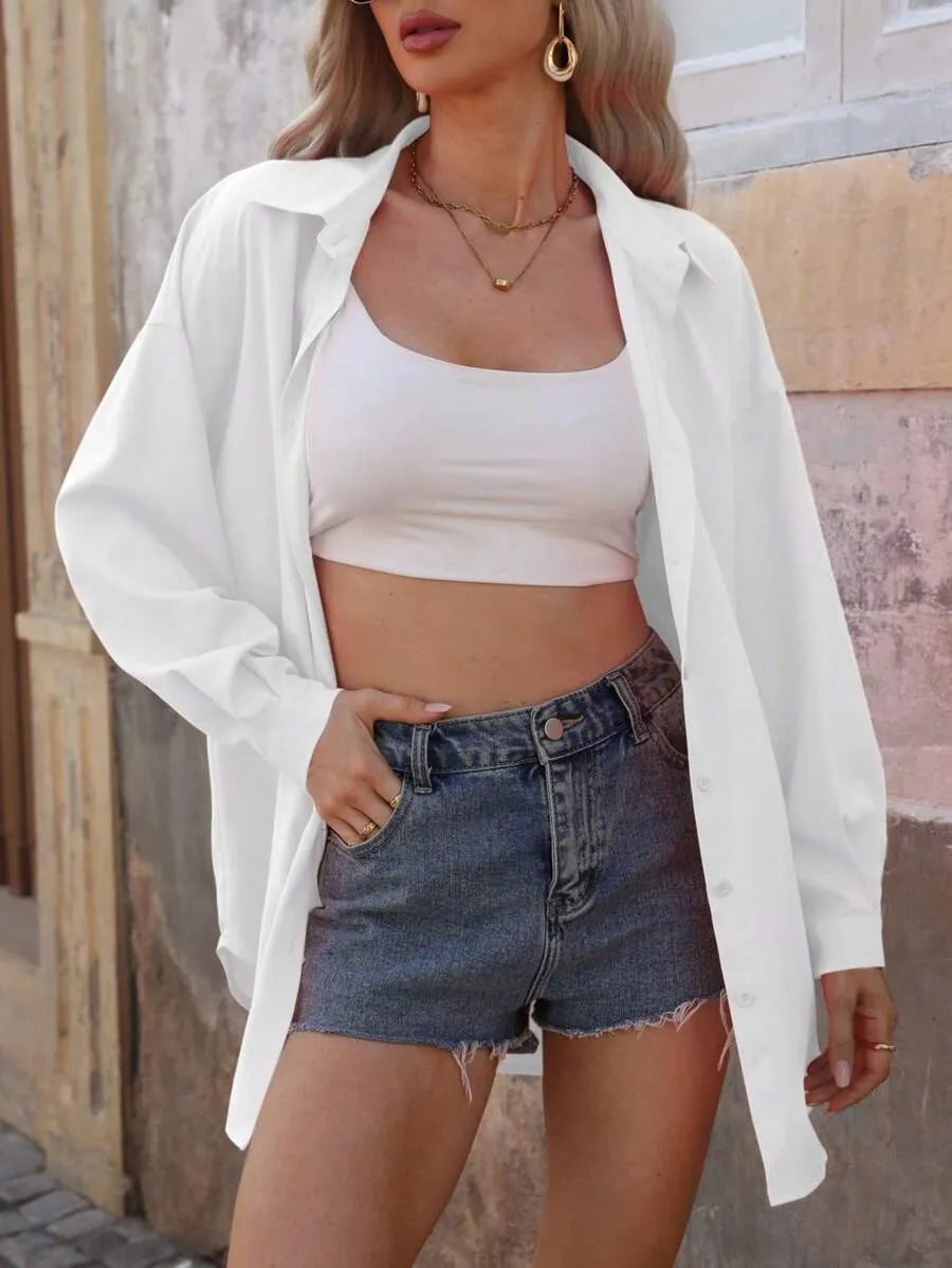 SHEIN Louniche قميص كاجوال بلون واحد بأكمام طويلة وأزرار أمامية