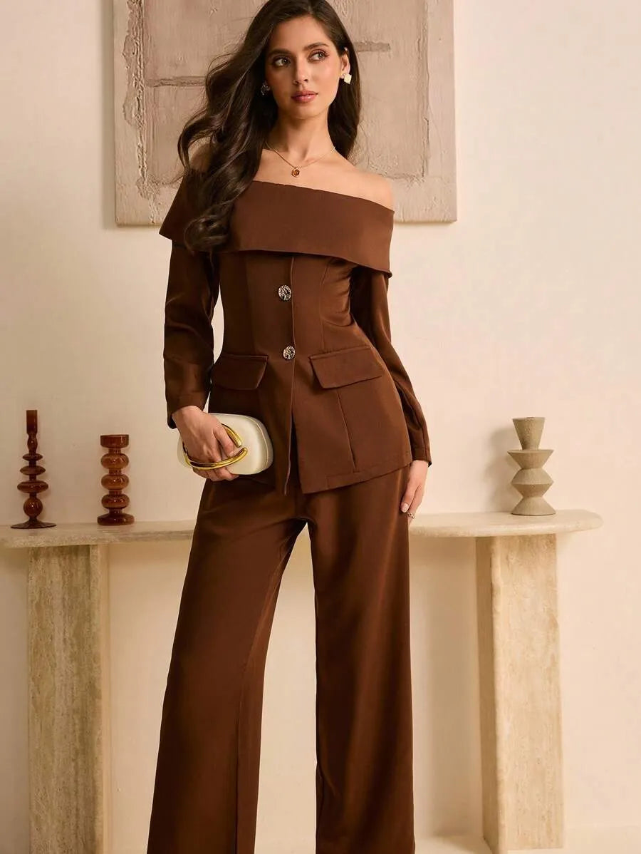 SHEIN Lyxana بدلة نسائية بكتف مكشوف وخصر محدد وحزام معدني بلون بني
