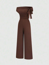 SHEIN Sweetra جمبسوت مكشوف الكتف بفيونكة وخصر مرتفع بطيات