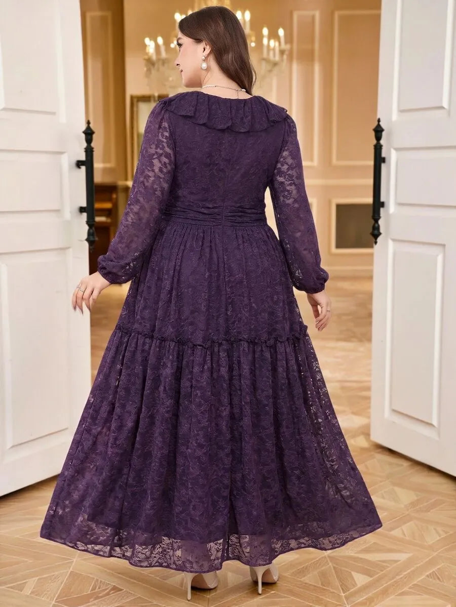 SHEIN Reflora فستان دانتيل طويل بياقة وأكمام واسعة وضيقة بنسيج شبكي بلون بنفسجي داكن