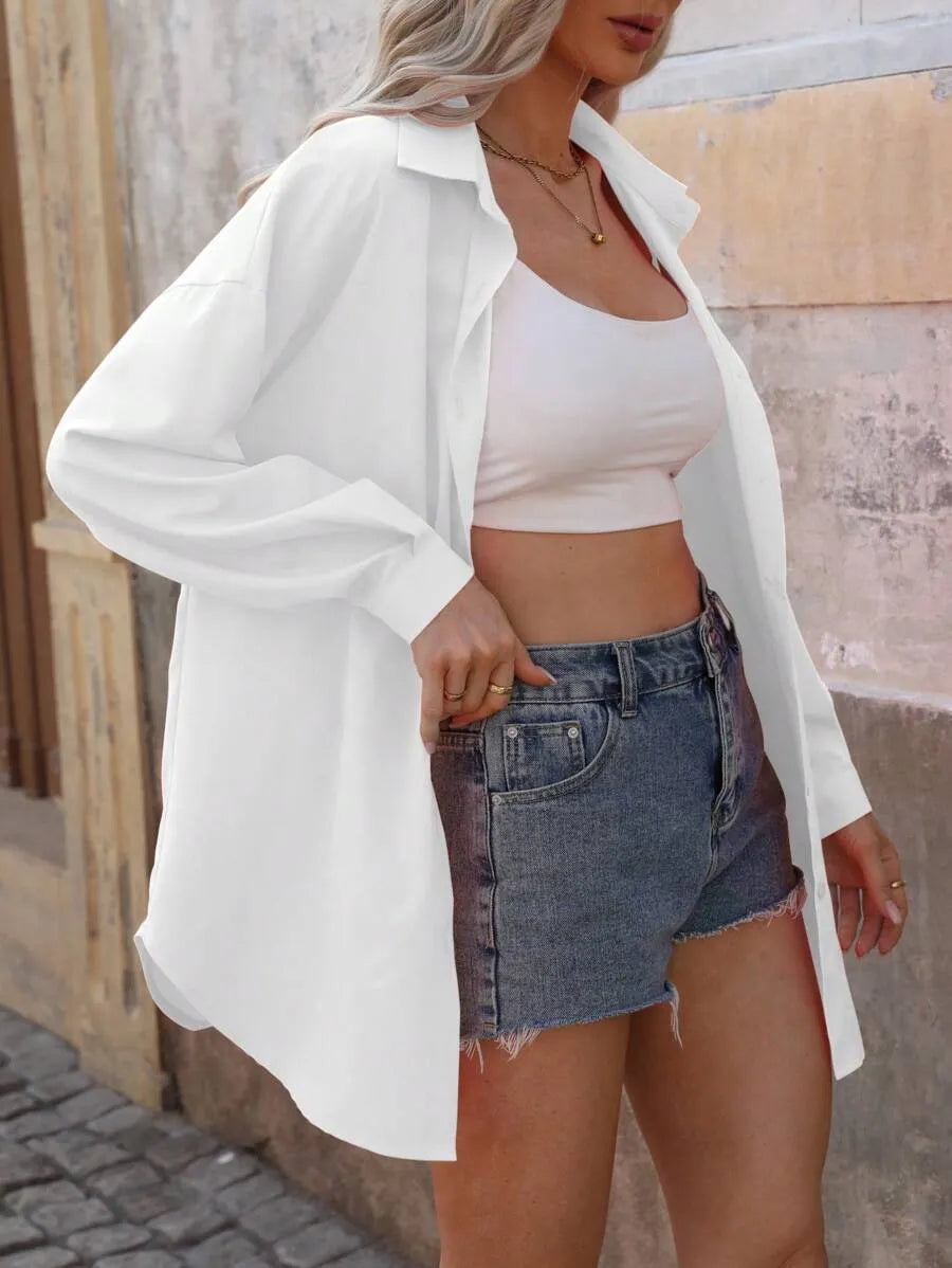SHEIN Louniche قميص كاجوال بلون واحد بأكمام طويلة وأزرار أمامية