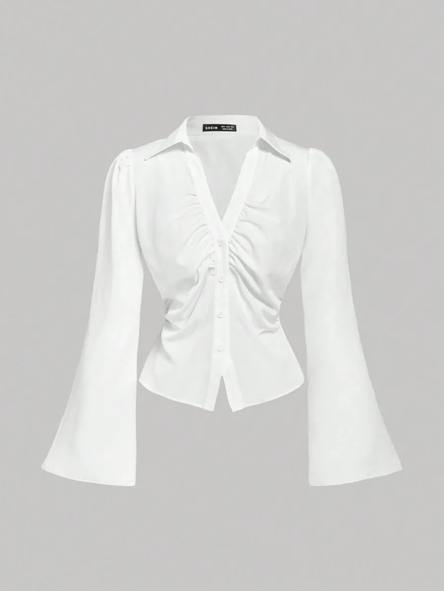 SHEIN MOD بلوزة نسائية بياقة وأكمام طويلة واسعة مكشكشة وأزرار أمامية بلون أبيض