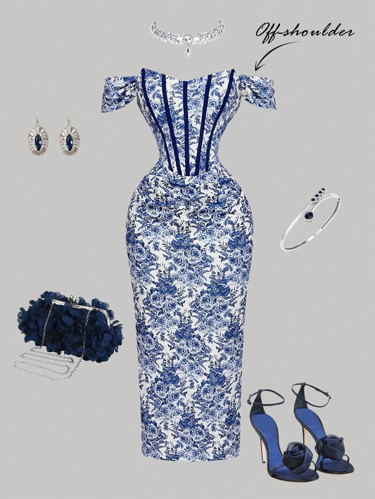 SHEIN MOD فستان كورسيه بتصميم زهور زرقاء وبيضاء مكشوف الكتف