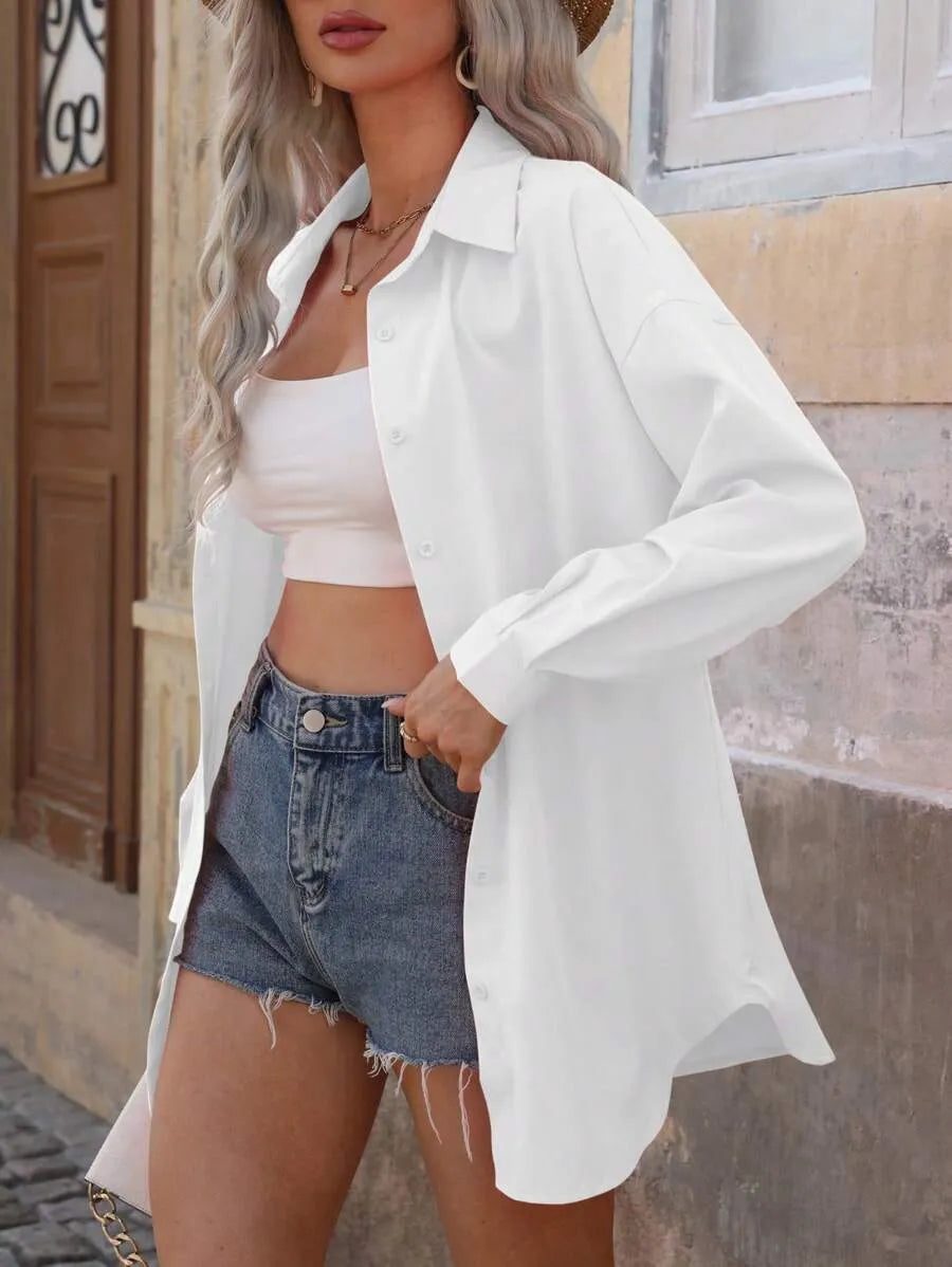 SHEIN Louniche قميص كاجوال بلون واحد بأكمام طويلة وأزرار أمامية