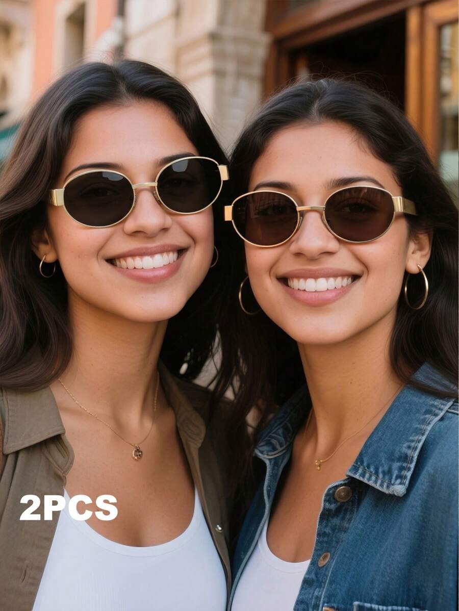 SHEIN طقم نظارات 2 قطعة بإطار معدني أنيق على شكل بيضاوي