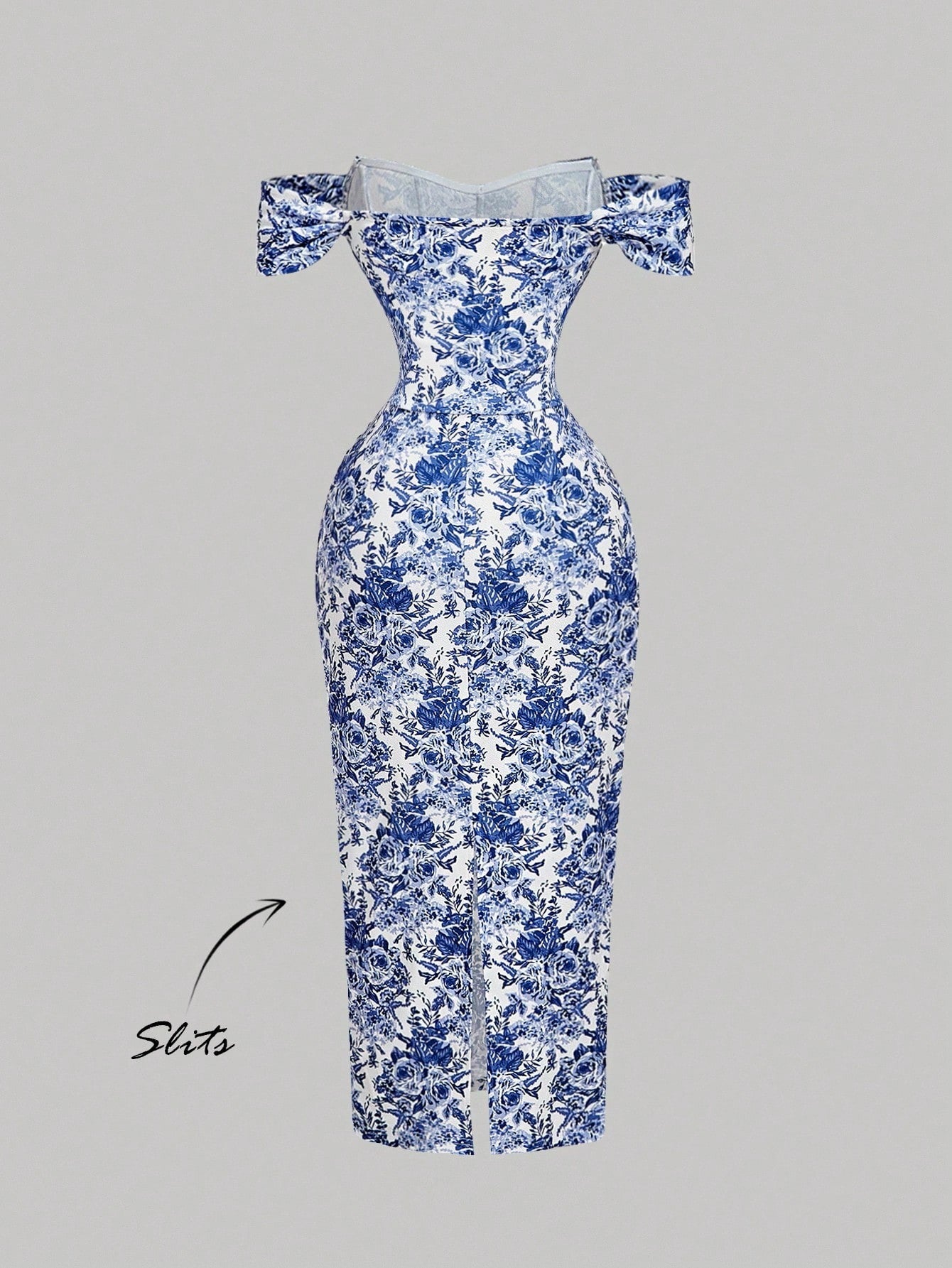 SHEIN MOD فستان كورسيه بتصميم زهور زرقاء وبيضاء مكشوف الكتف