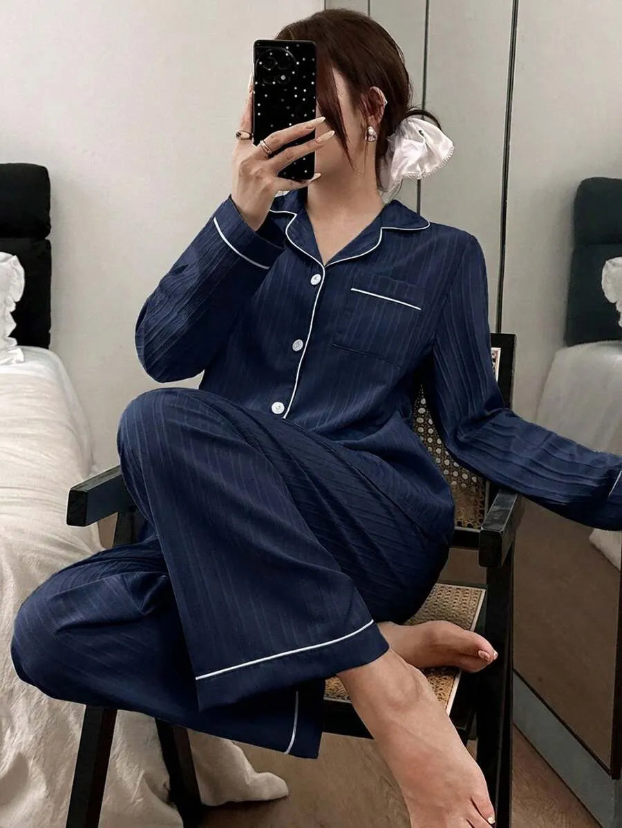 SHEIN Dream Adore طقم بيجامة قطعتين كارديجان وبنطلون طويل أمامية بلون أزرق بحر