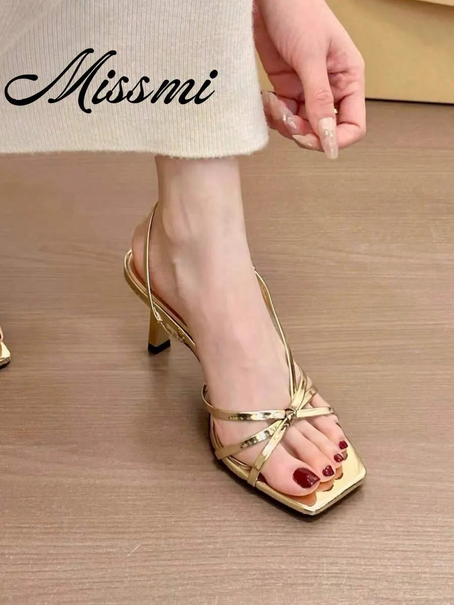 SHEIN صنادل نسائية بكعب رفيع مفتوحة الأصابع لون أصفر
