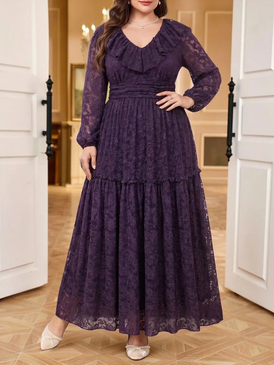 SHEIN Reflora فستان دانتيل طويل بياقة وأكمام واسعة وضيقة بنسيج شبكي بلون بنفسجي داكن