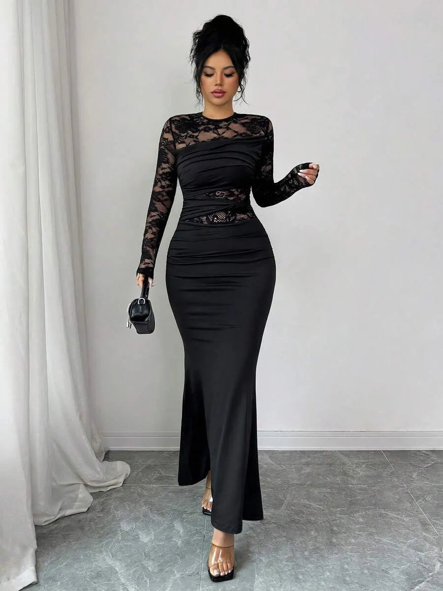 SHEIN Allurite فستان نسائي أسود من الحرير الحليبي بأكمام طويلة وتفاصيل دانتيل
