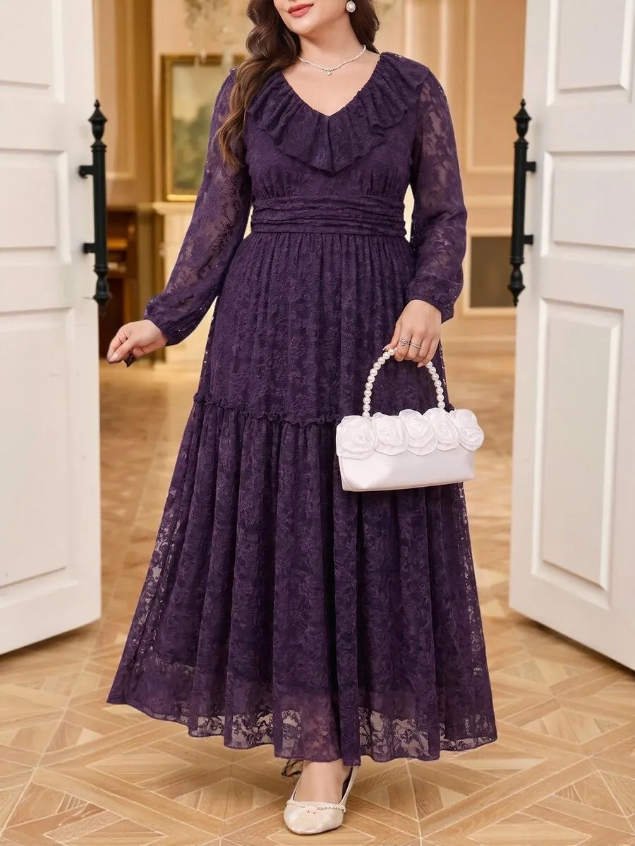 SHEIN Reflora فستان دانتيل طويل بياقة وأكمام واسعة وضيقة بنسيج شبكي بلون بنفسجي داكن