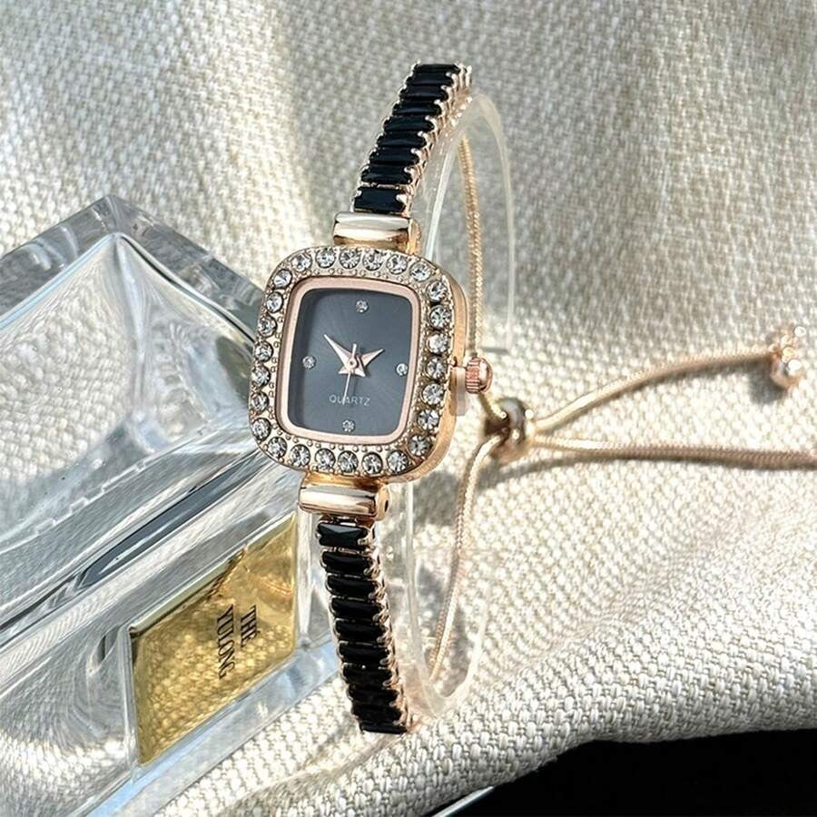 SHEIN ساعة معصم نسائية كوارتز سوداء قابلة للتعديل