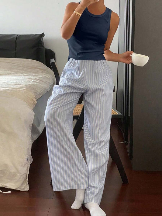 SHEIN DAZY طقم بيجامة نسائي 2 قطع بلون موحد وبنطال مخطط