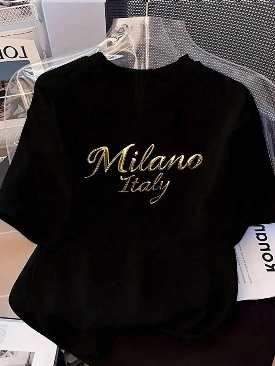 SHEIN Milano Italy تيشيرت نسائي أسود بطباعة