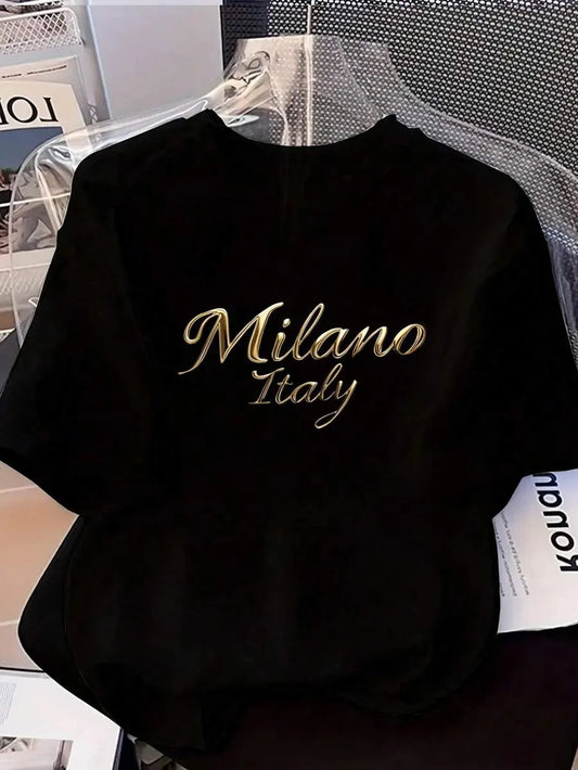 SHEIN Milano Italy تيشيرت نسائي أسود بطباعة
