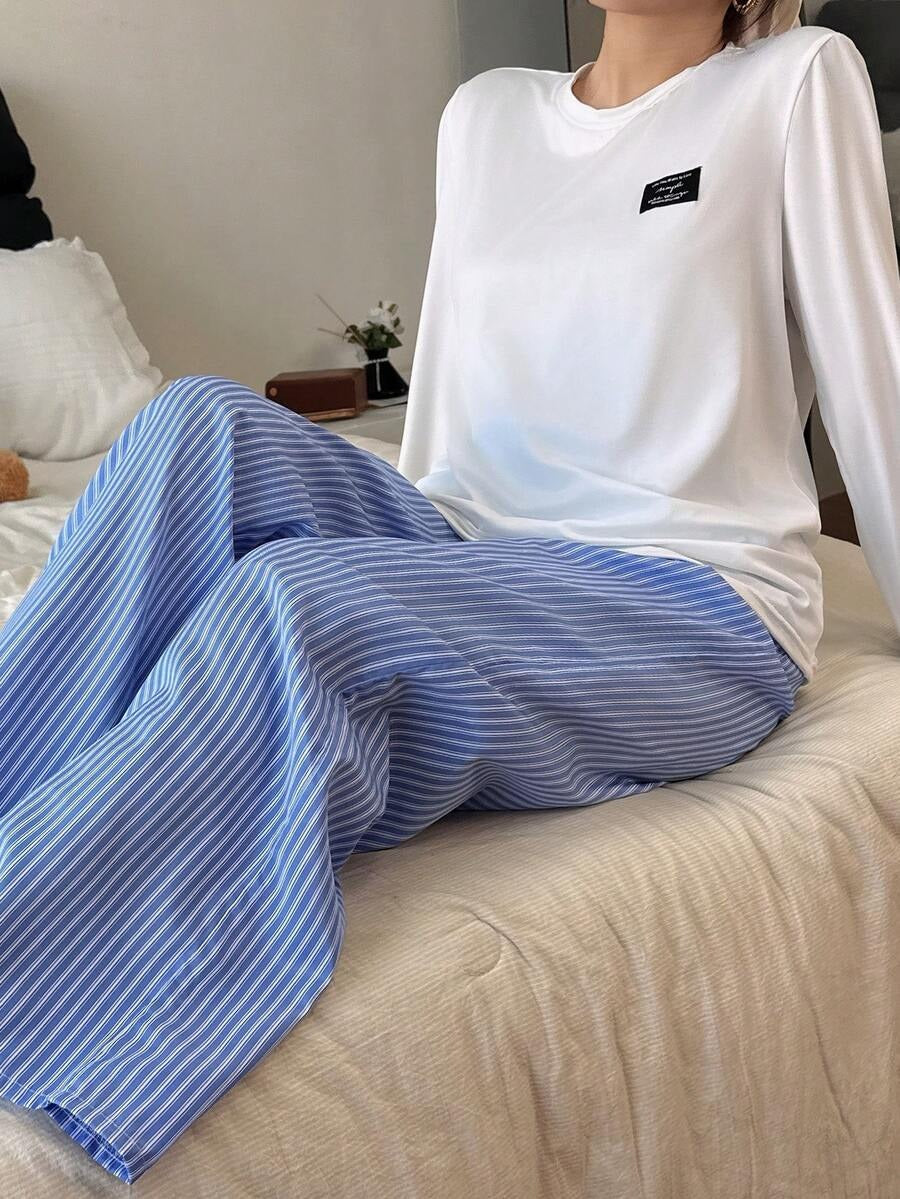 SHEIN طقم بيجاما نسائي بأكمام طويلة وطباعة حرفية وبنطال مخطط أزرق وأبيض
