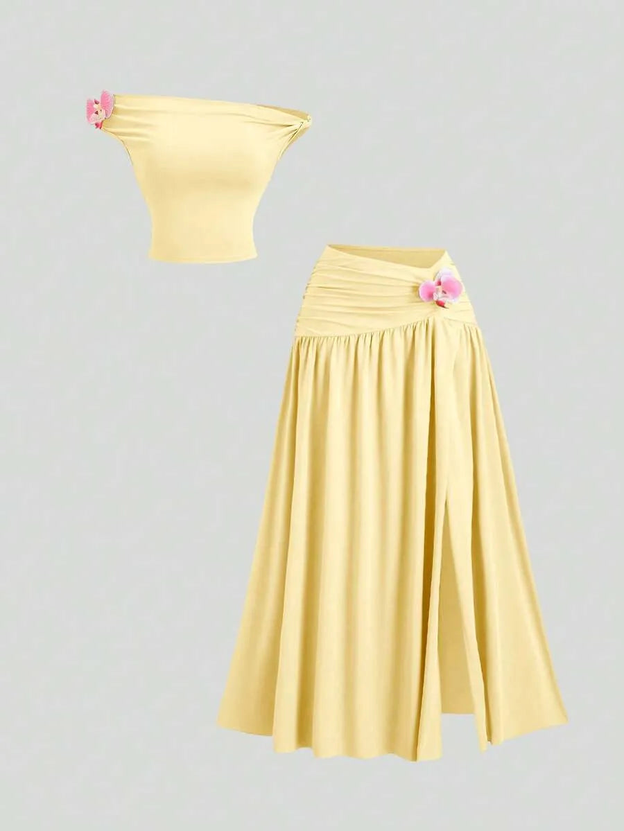 SHEIN Sweetra طقم نسائي أصفر أنيق من قطعتين بتصميم أكتاف مكشوفة