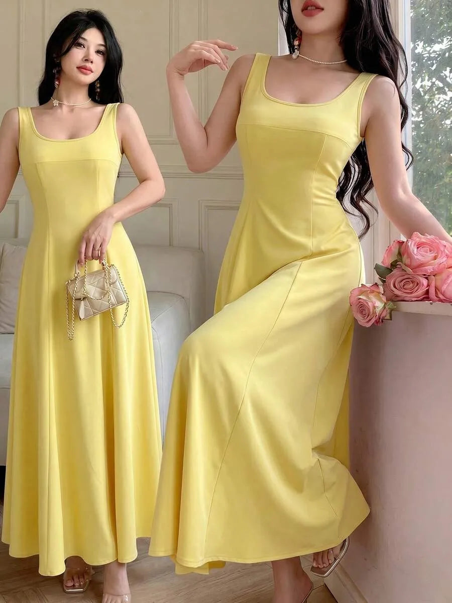 SHEIN Celisse فستان ميدي فرنسي بدون أكمام بفتحة وتحديد خصر