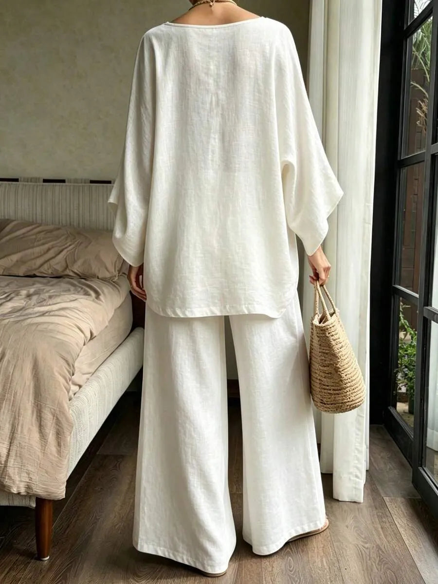 SHEIN DAZY طقم نسائي فضفاض وأنيق من قطعتين بلون أبيض متدفق