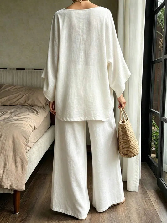 SHEIN DAZY طقم نسائي فضفاض وأنيق من قطعتين بلون أبيض متدفق