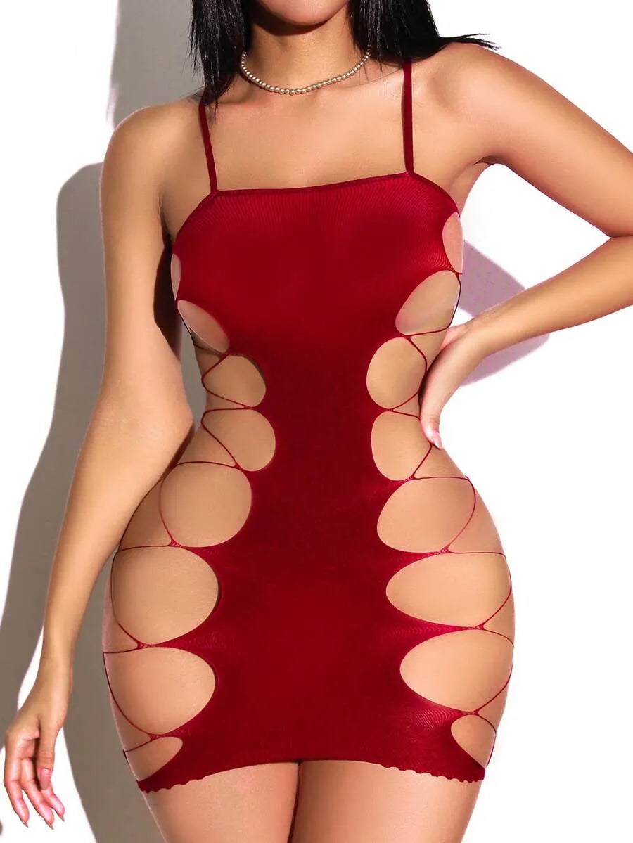 SHEIN ChaseTheNight فستان لانجري شبكي قصير بحمالات رفيعة قابلة للتعديل بلون أحمر