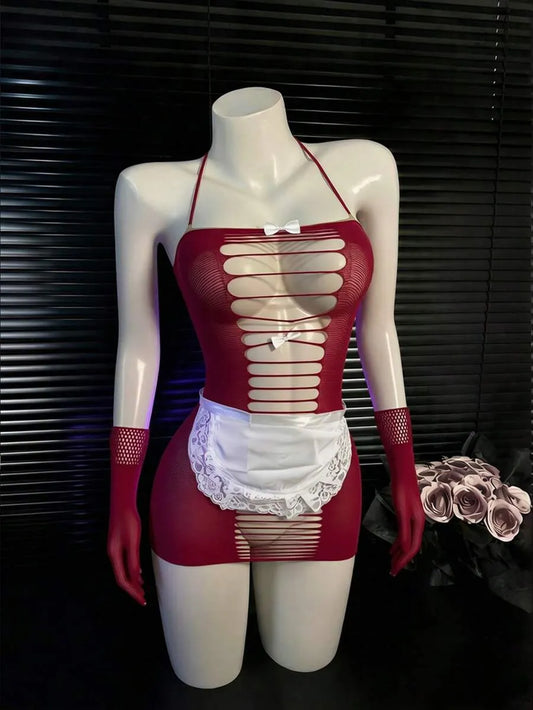SHEIN طقم لانجري نسائي 4 قطع بتصميم شبكي وشفاف بلون عنابي