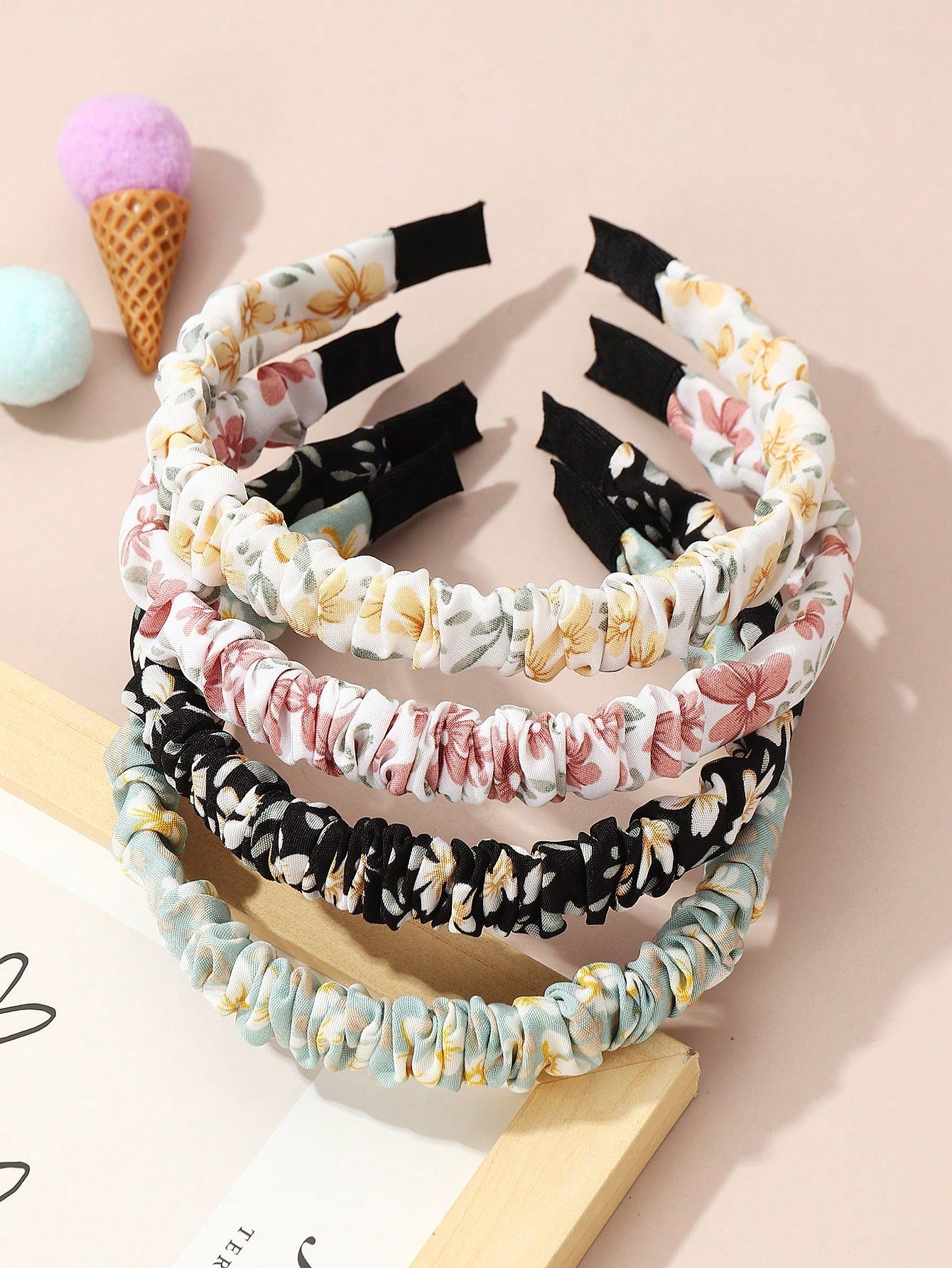 4Pcs Girls Floral Print Ruched Detail Headband for Hair Decoration