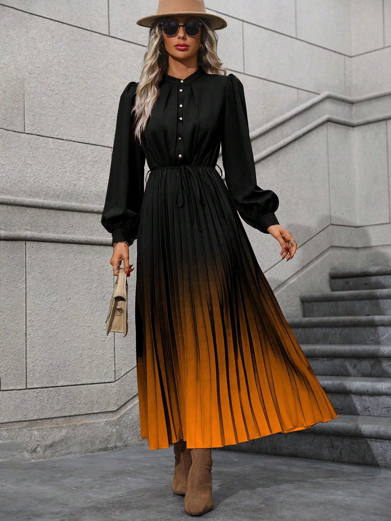 Ombre Pleated Hem Shirt Dress without Belt