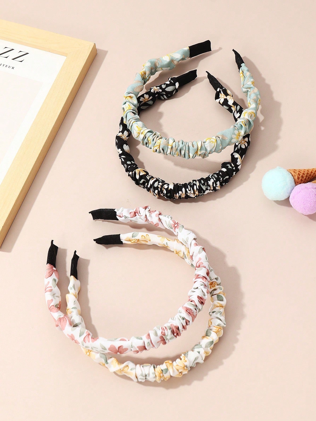 4Pcs Girls Floral Print Ruched Detail Headband for Hair Decoration