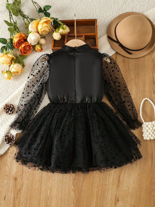Young Girl Contrast Dobby Mesh Flare Sleeve Mock Neck Dress
