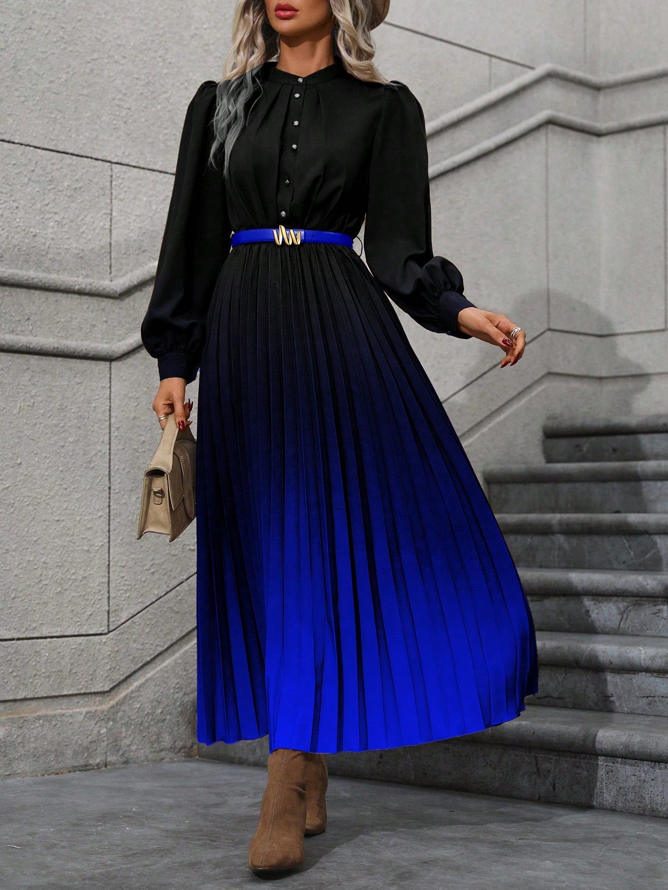 Ombre Pleated Hem Shirt Dress without Belt
