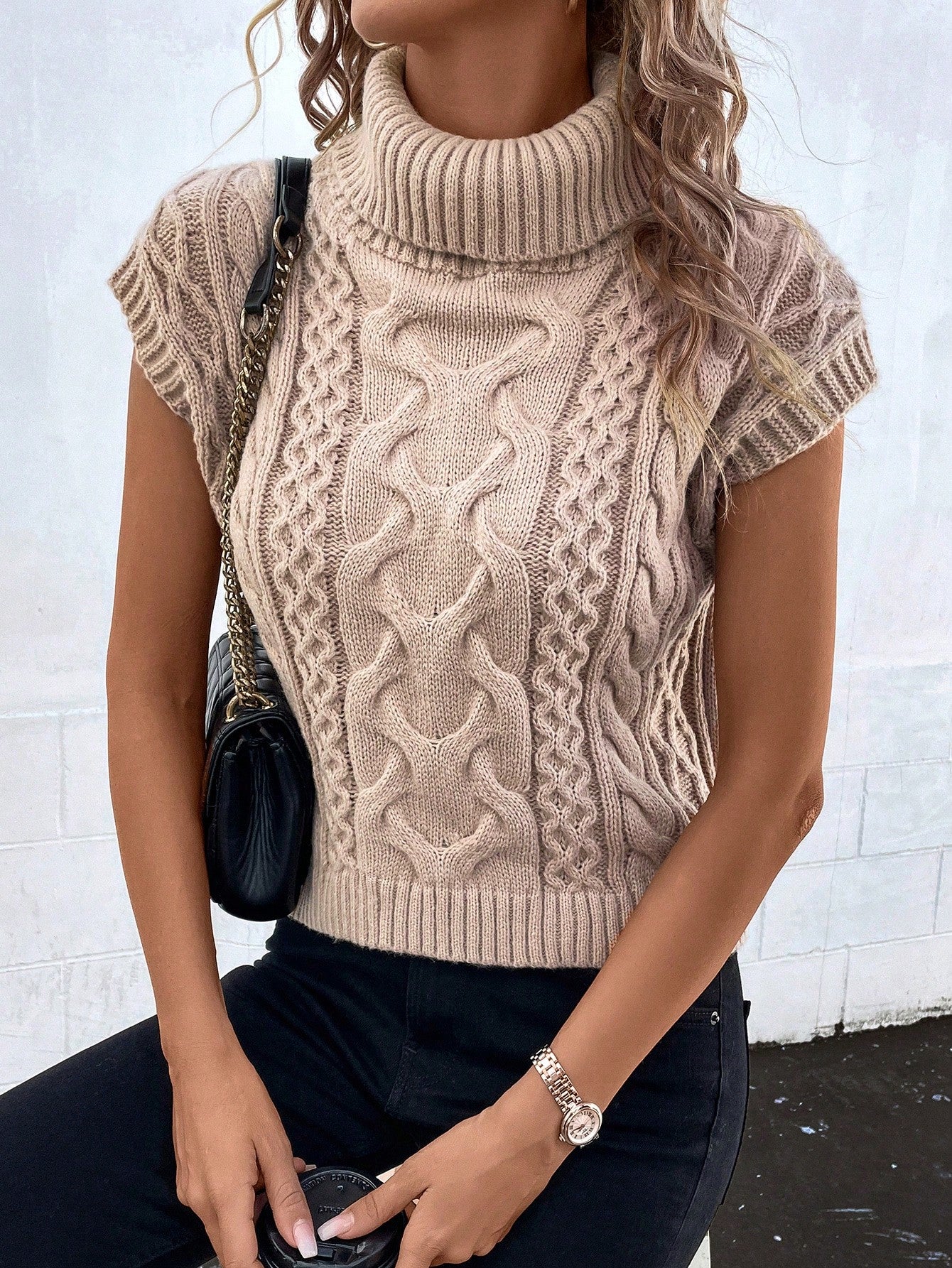 SHEIN Frenchy Turtleneck Cable Knit Sweater Vest