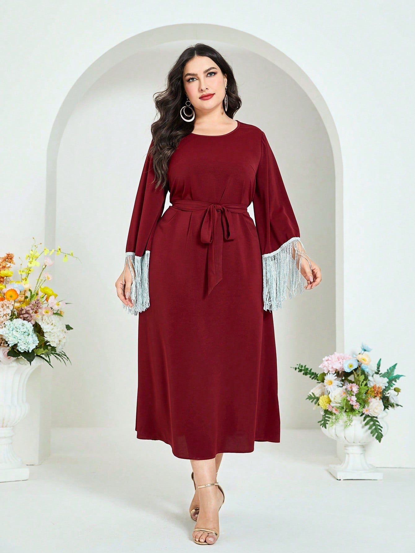 SHEIN Najma plus Fringe Trim Belted Dress