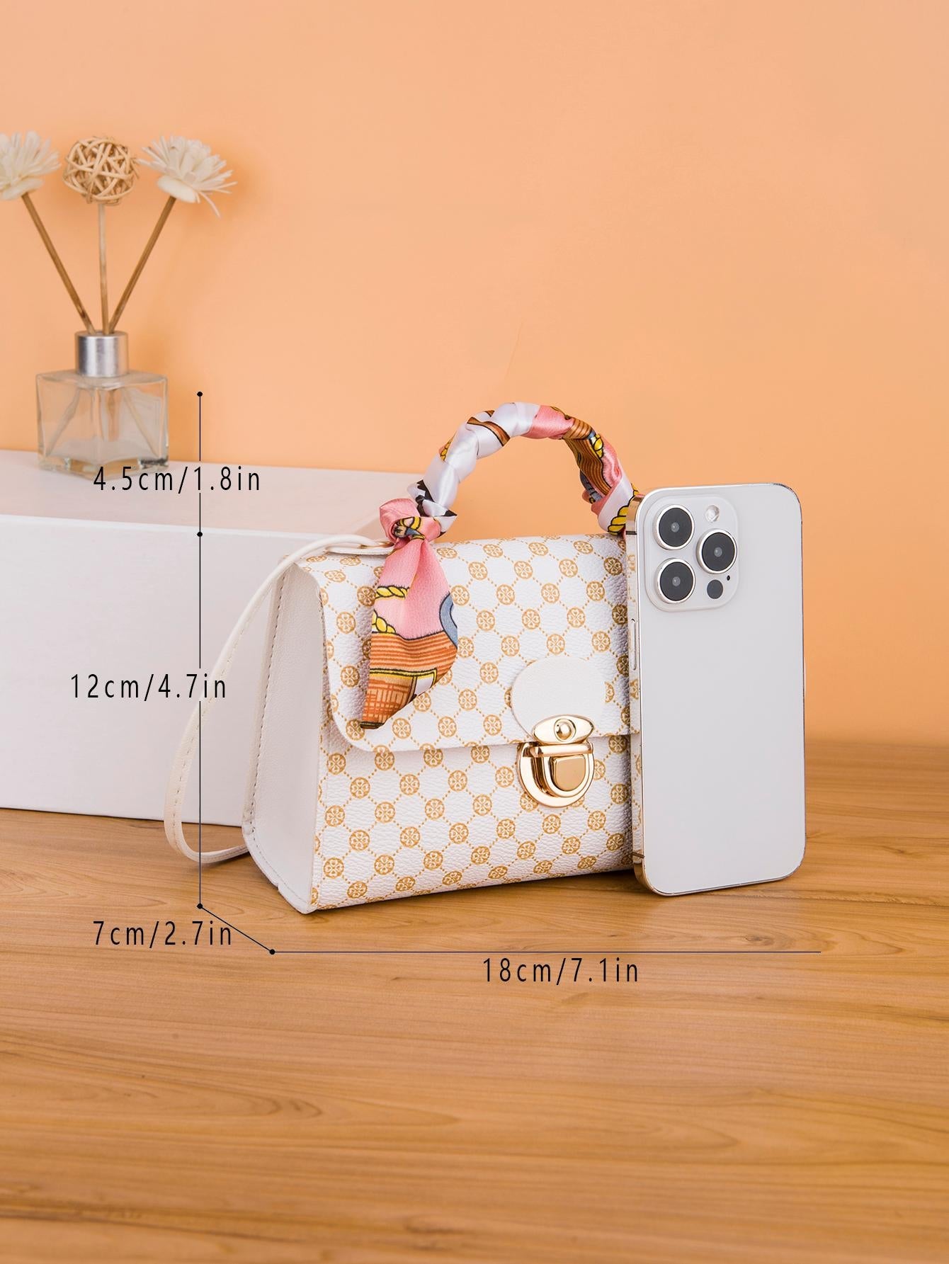 Waterproof Trendy Geometric Pattern Twilly Scarf Decor Flap Square Bag Push Lock Portable for Women