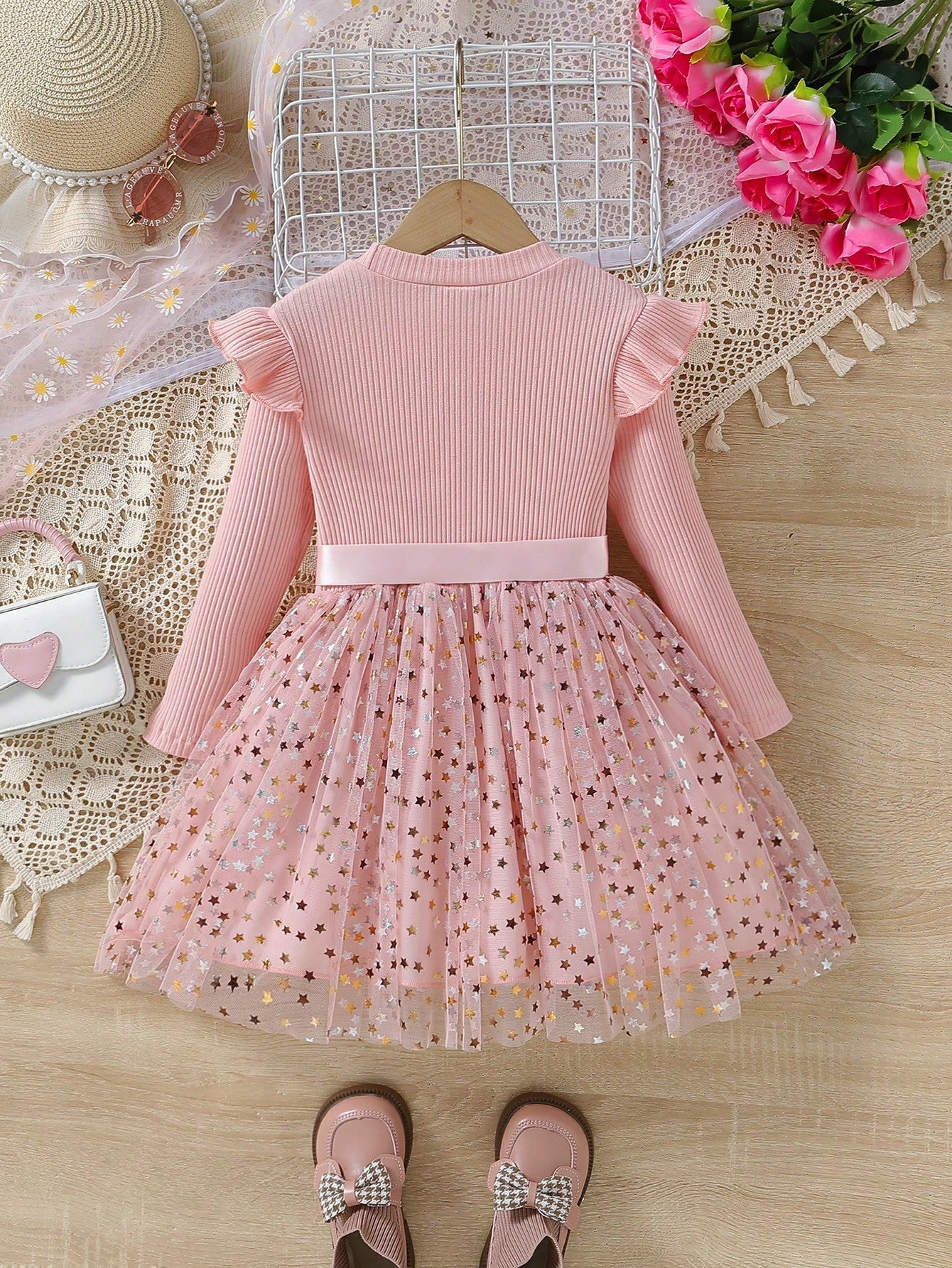 Little Girl'S Knitted Long-Sleeved Tutu Skirt Star Mesh Princess Dress