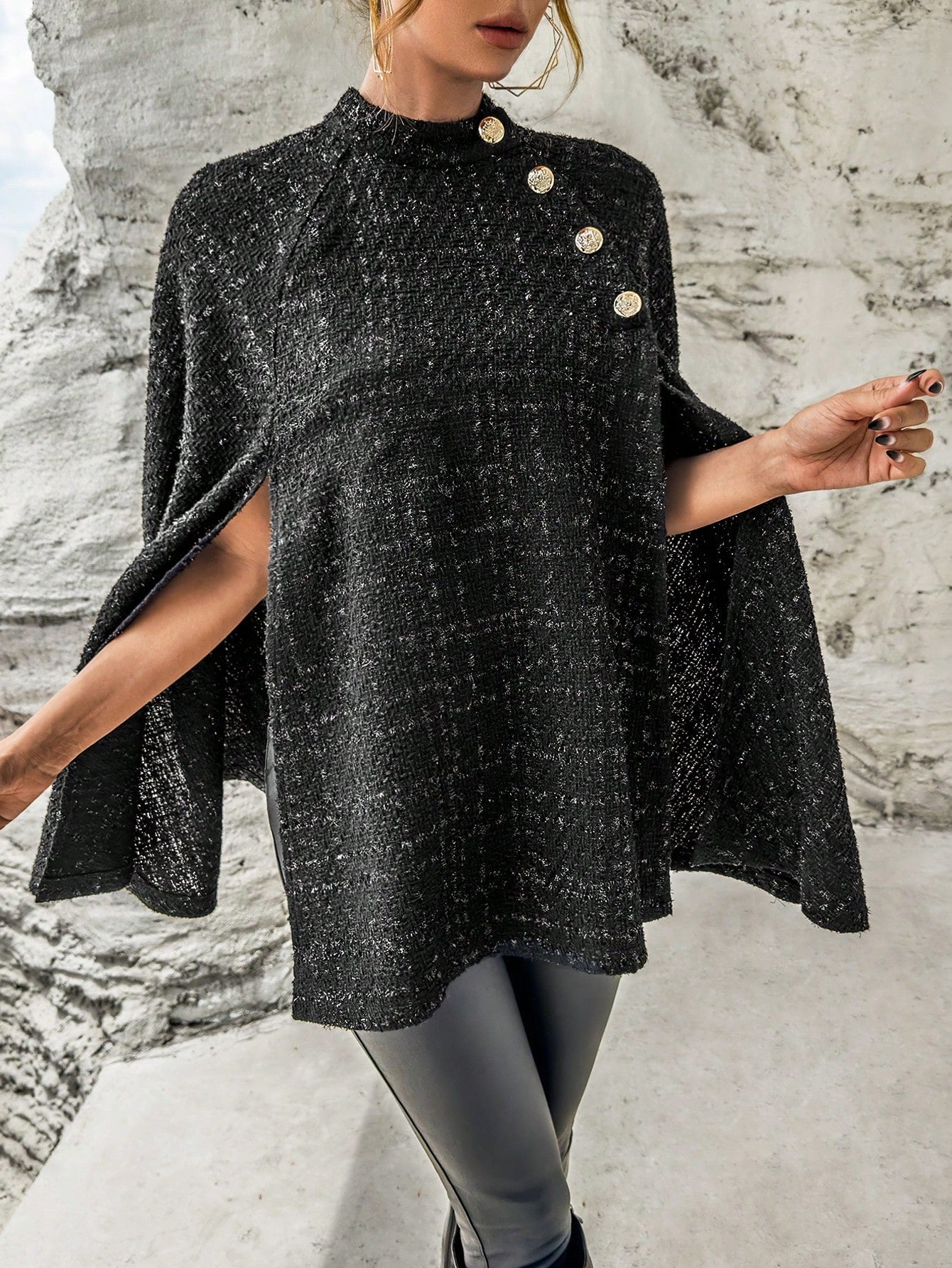 SHEIN Privé Mock Neck Button Detail Cloak Sleeve Glitter Cape Coat
