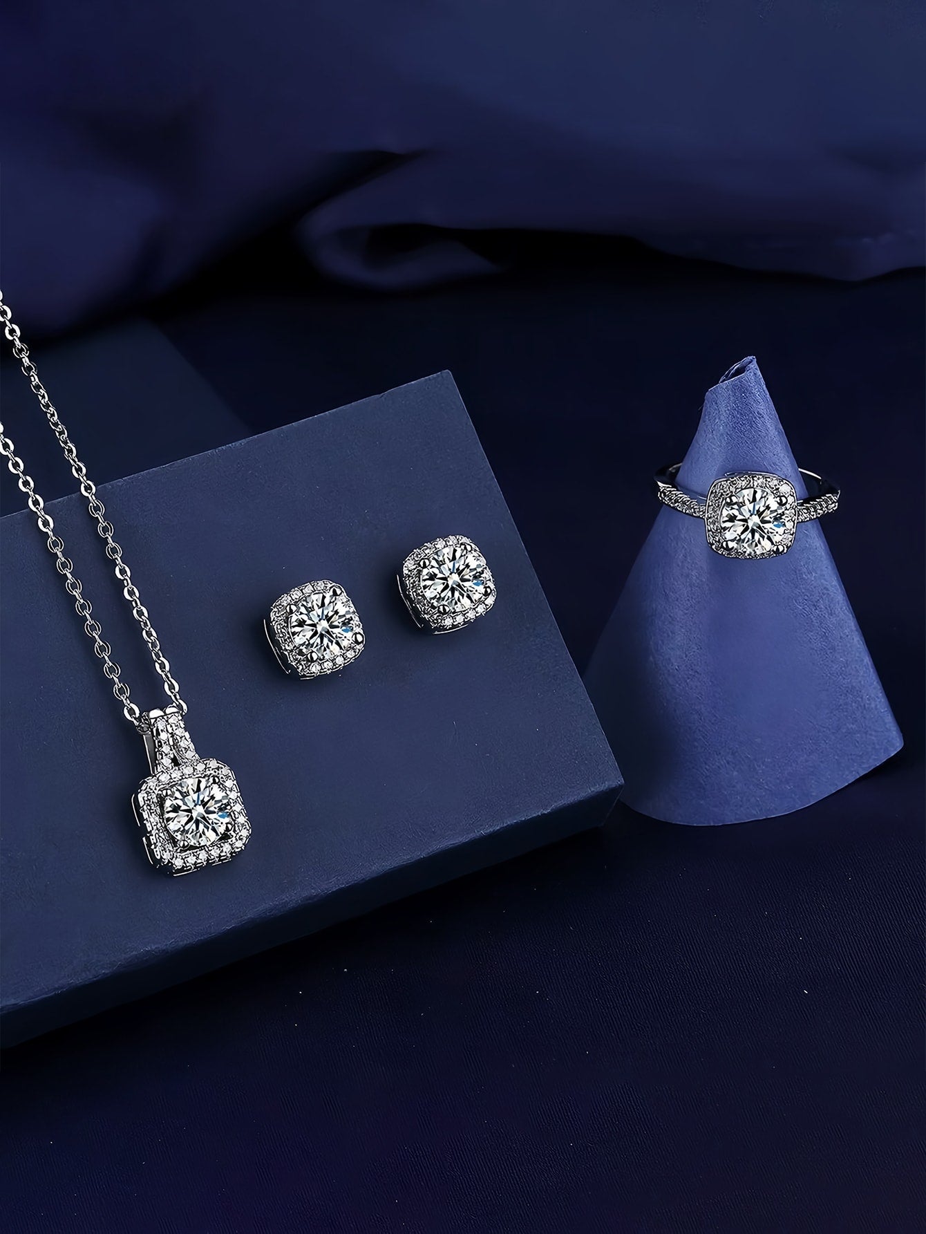 4Pcs/Set Luxury Square Shape Rhinestone Inlaid Necklace, Earrings, Ring Set, Suitable for Party & Formal Dress Accessory